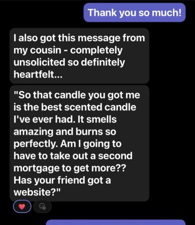 Text message expressing gratitude and discussing a scented candle gift.