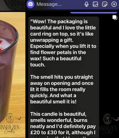 A candle in a glass with a message about its beautiful packaging and scent.